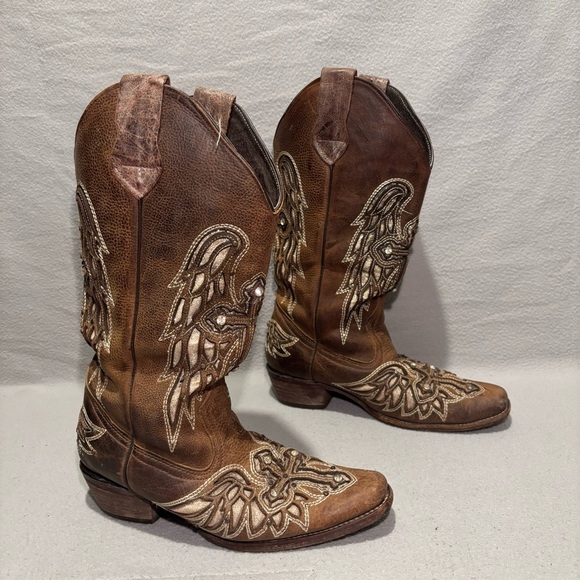 Sergal Womens Cutout Sequin Cross and Angel Wings Western Pull on Brown Boots 9 - Picture 4 of 9